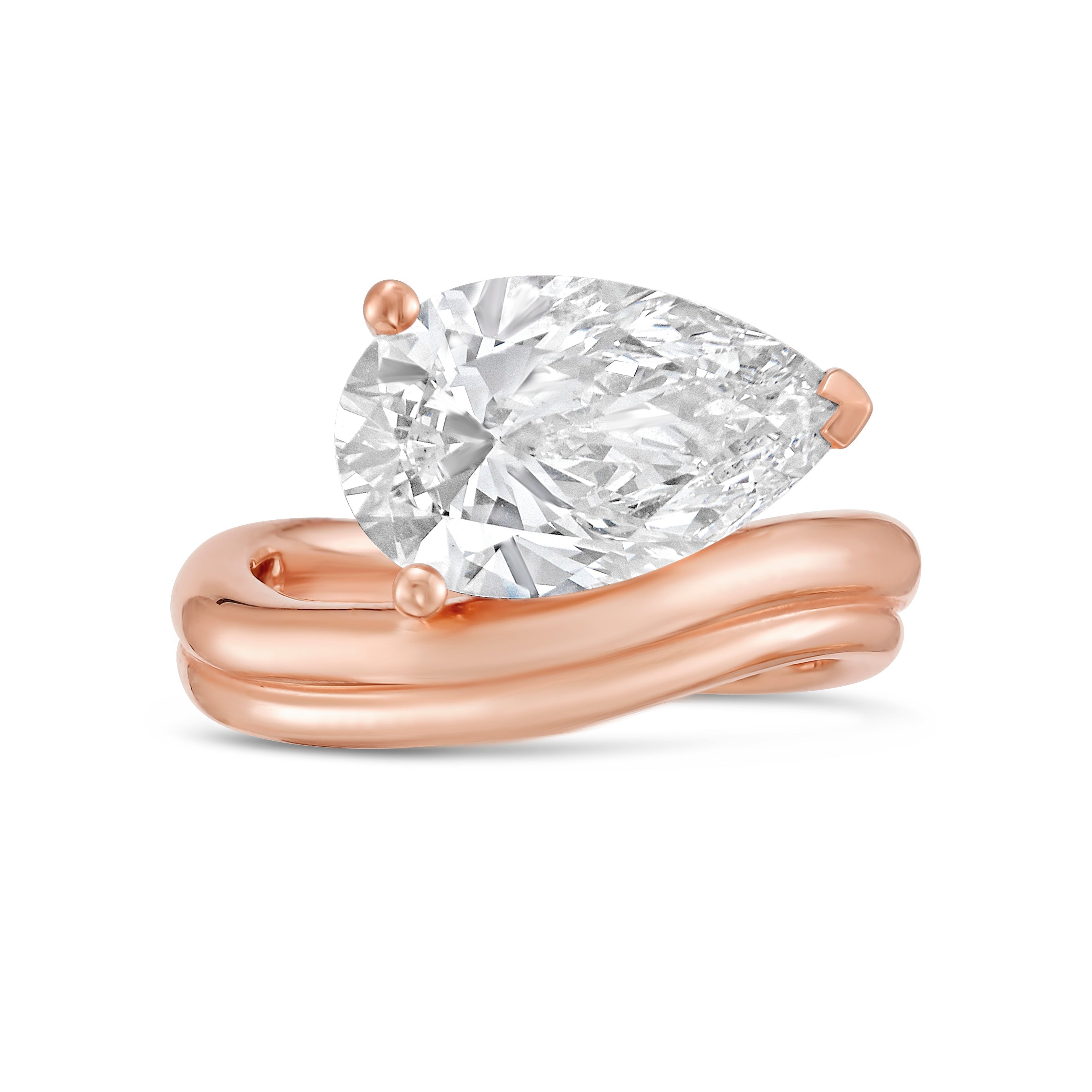 Lab-Grown Pear Solitaire Ring with Wavy Band, 18K Gold