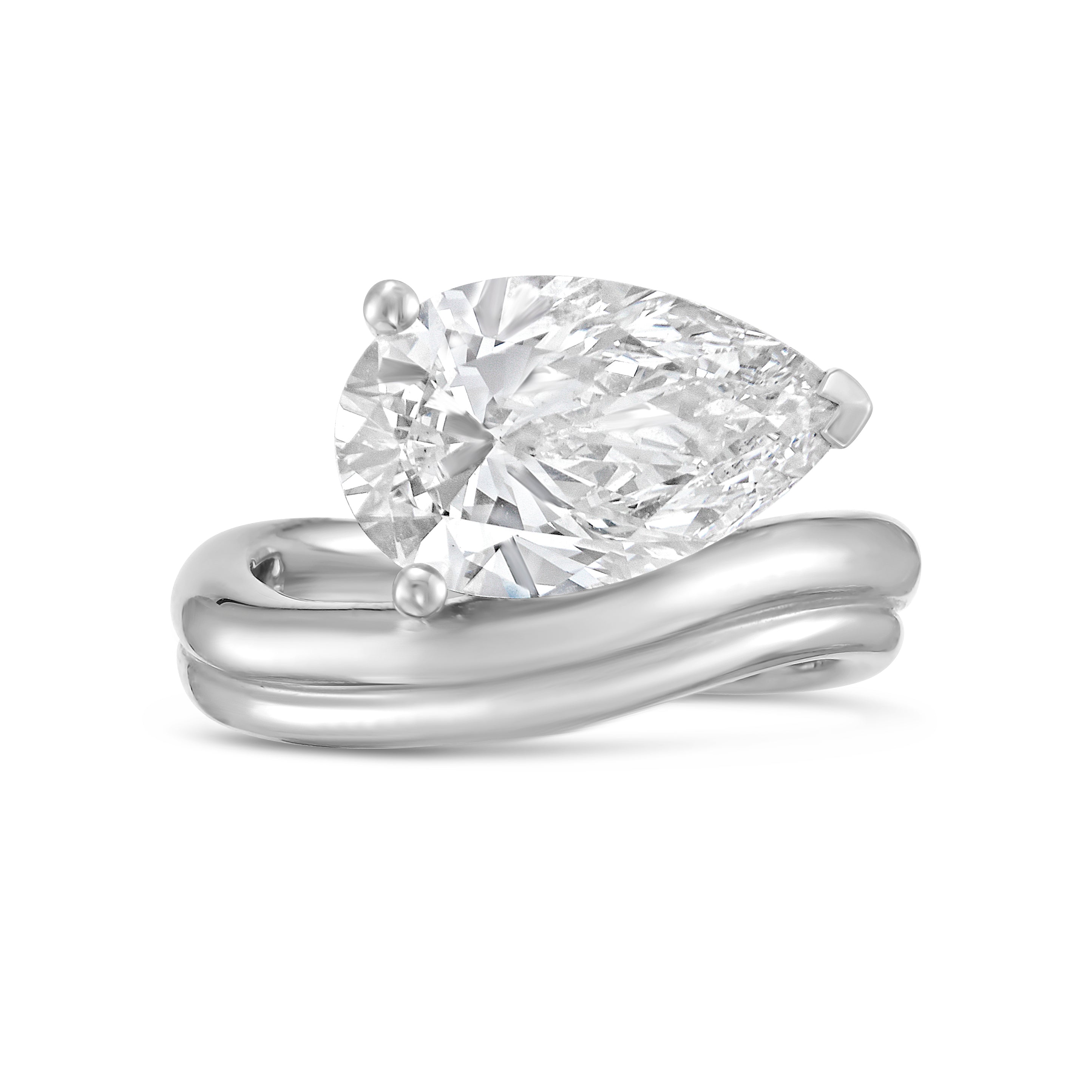 Lab-Grown Pear Solitaire Ring with Wavy Band, 18K Gold