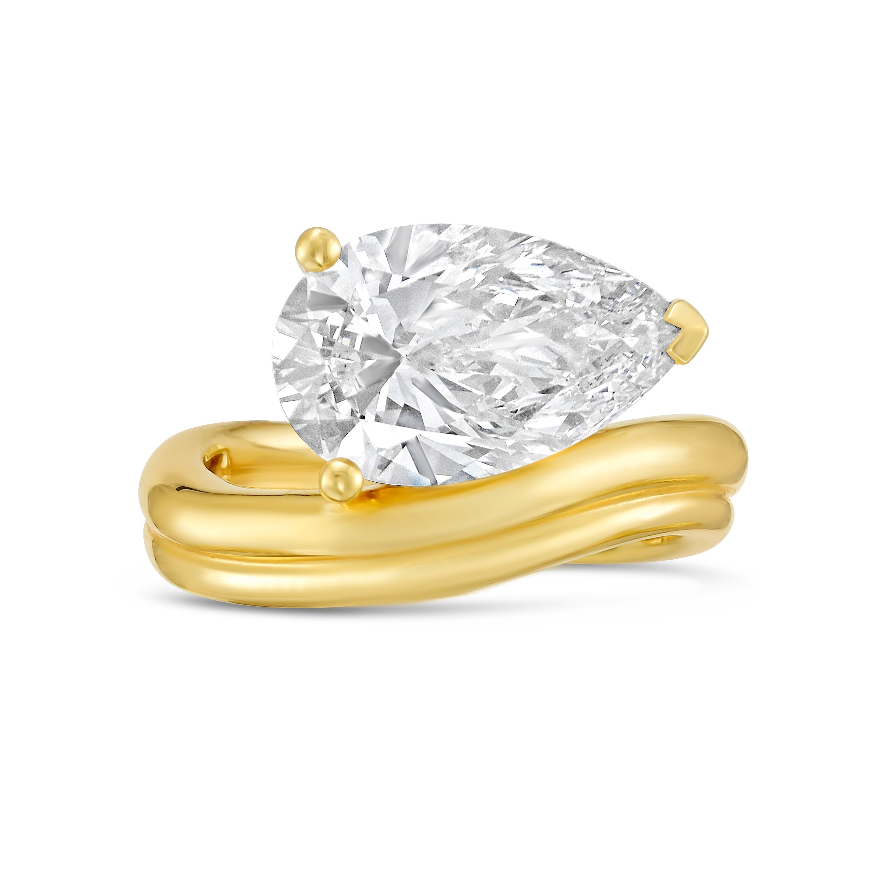 Lab-Grown Pear Solitaire Ring with Wavy Band, 18K Gold