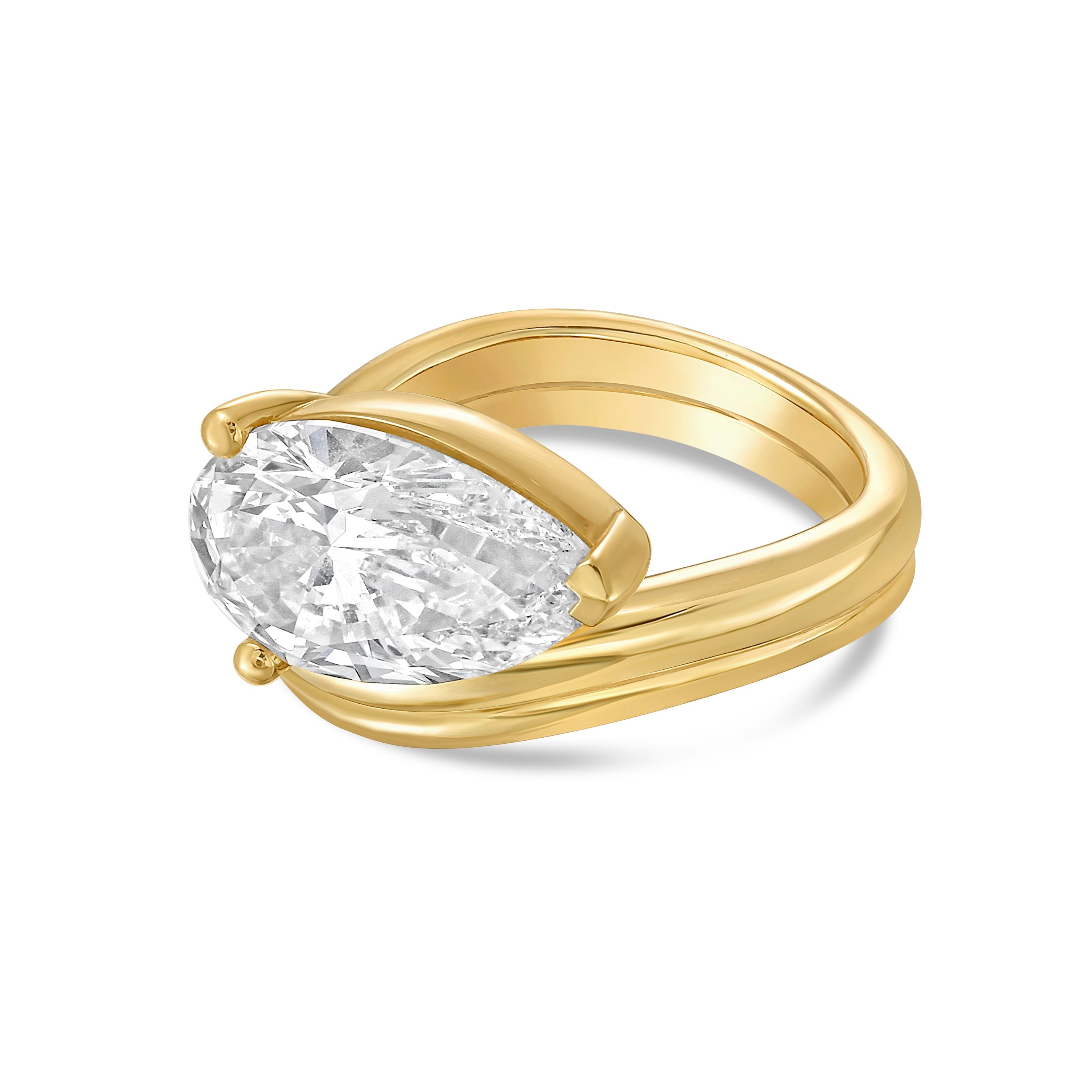 Lab-Grown Pear Solitaire Ring with Wavy Band, 18K Gold