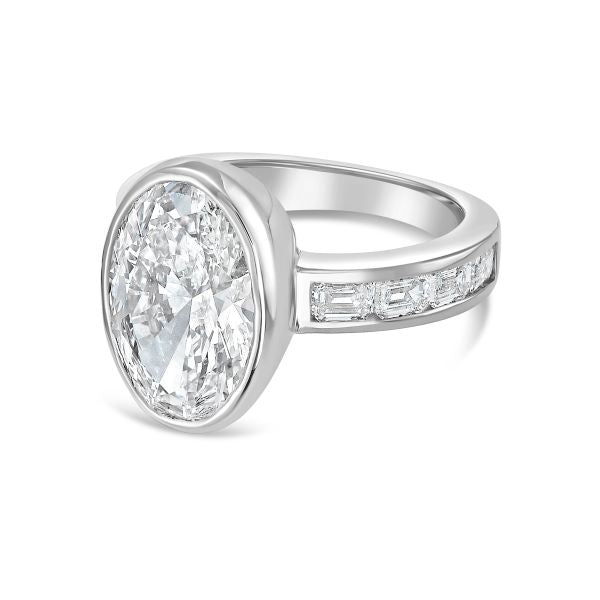 Lab-Grown Bezel Oval Diamond Ring with Channel-Set Emerald Accents, 18K Gold