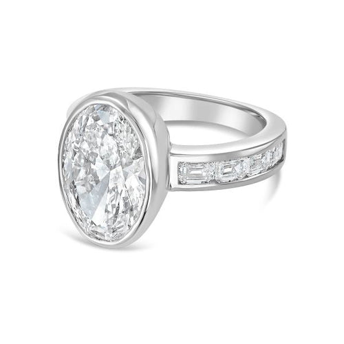 Lab-Grown Bezel Oval Diamond Ring with Channel-Set Emerald Accents
