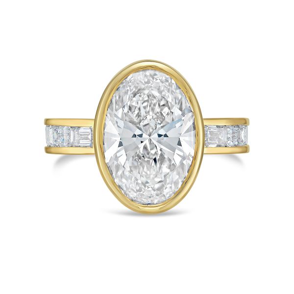 Lab-Grown Bezel Oval Diamond Ring with Channel-Set Emerald Accents, 18K Gold