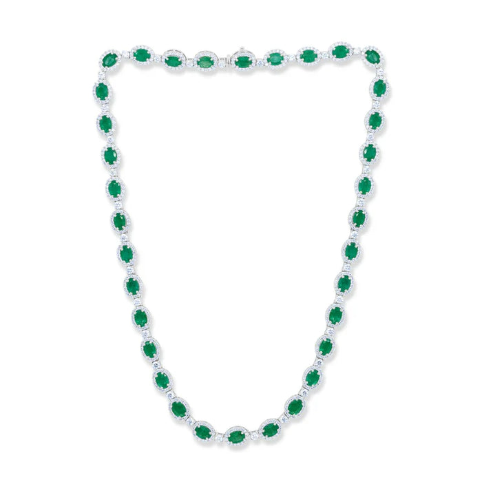 21.14cts Oval Zambian Emerald and 16.10cts Round Diamonds Halo Necklace, 18K White Gold