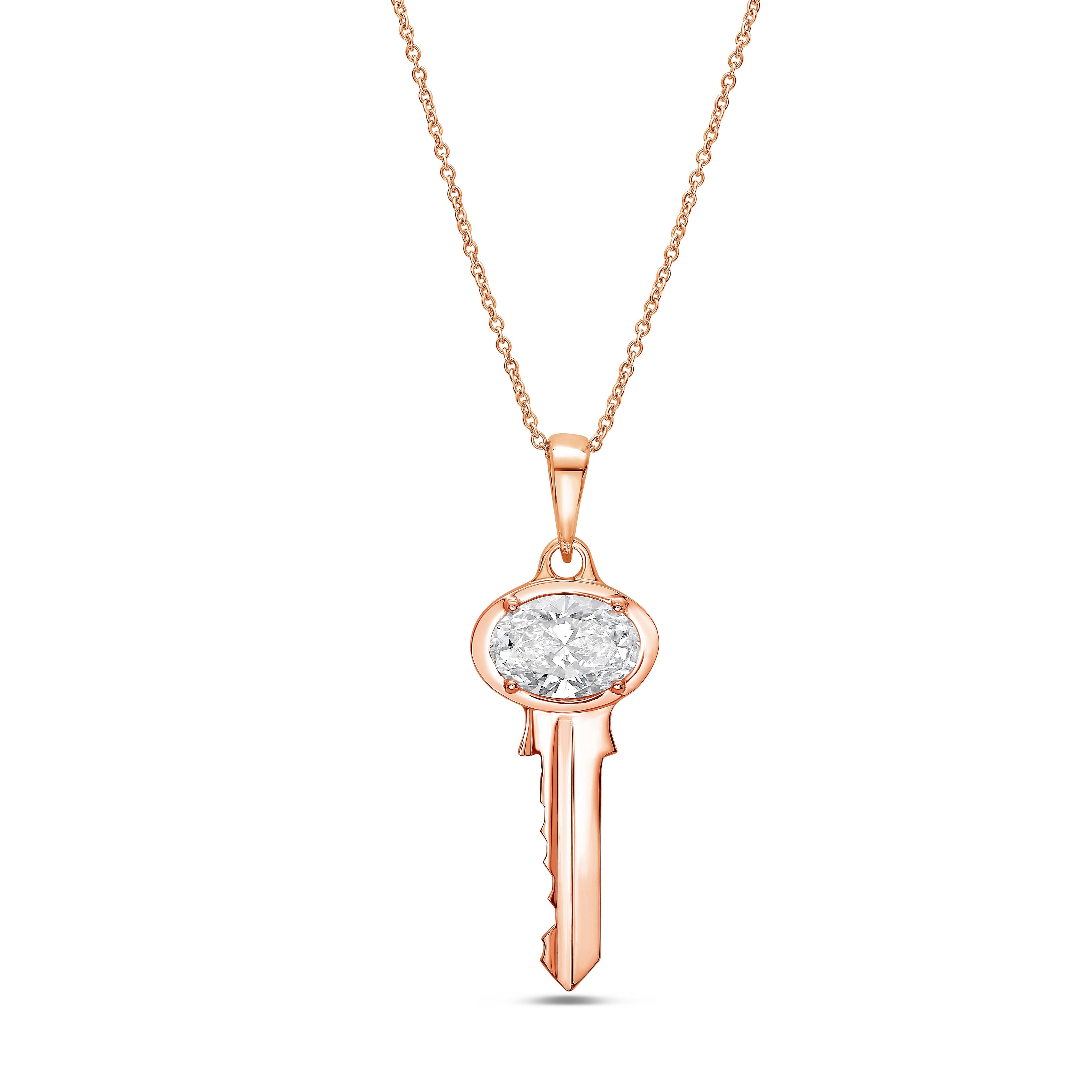 Lab-Grown Oval Diamond Accent Key Pendant, 14K Gold