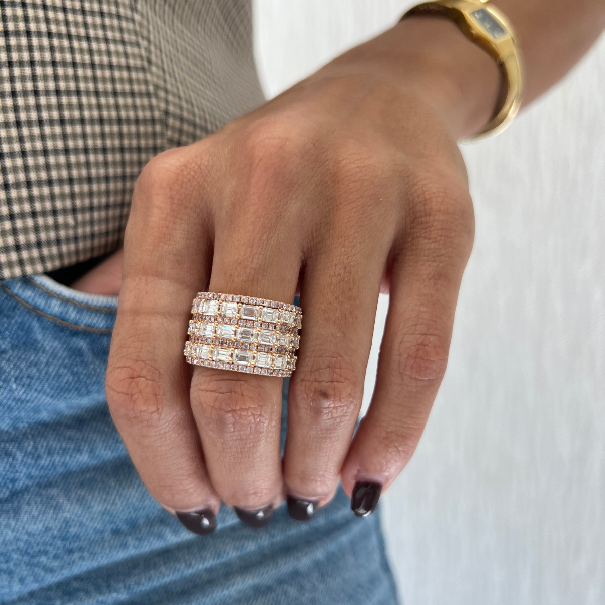 Rose Gold Emerald Cut & Pink Diamonds Eternity Band