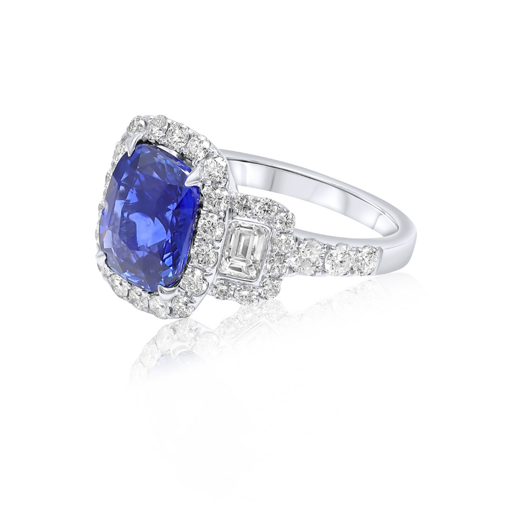 18kt White Gold Sapphire Three Stone Halo Ring