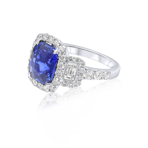 18kt White Gold Sapphire Three Stone Halo Ring