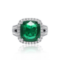 18kt White Gold Cushion Cut Emerald Micropave Halo Diamonds Ring