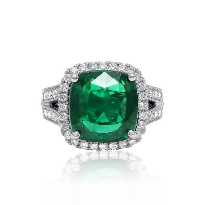 18kt White Gold Cushion Cut Emerald Micropave Halo Diamonds Ring