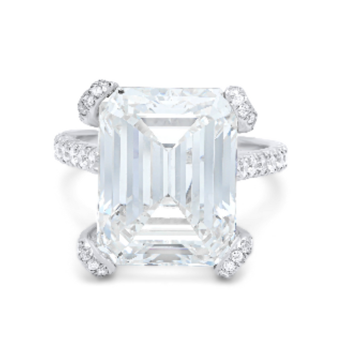 Emerald-Cut Diamond Ring with Round Diamonds On Band, 18K Gold