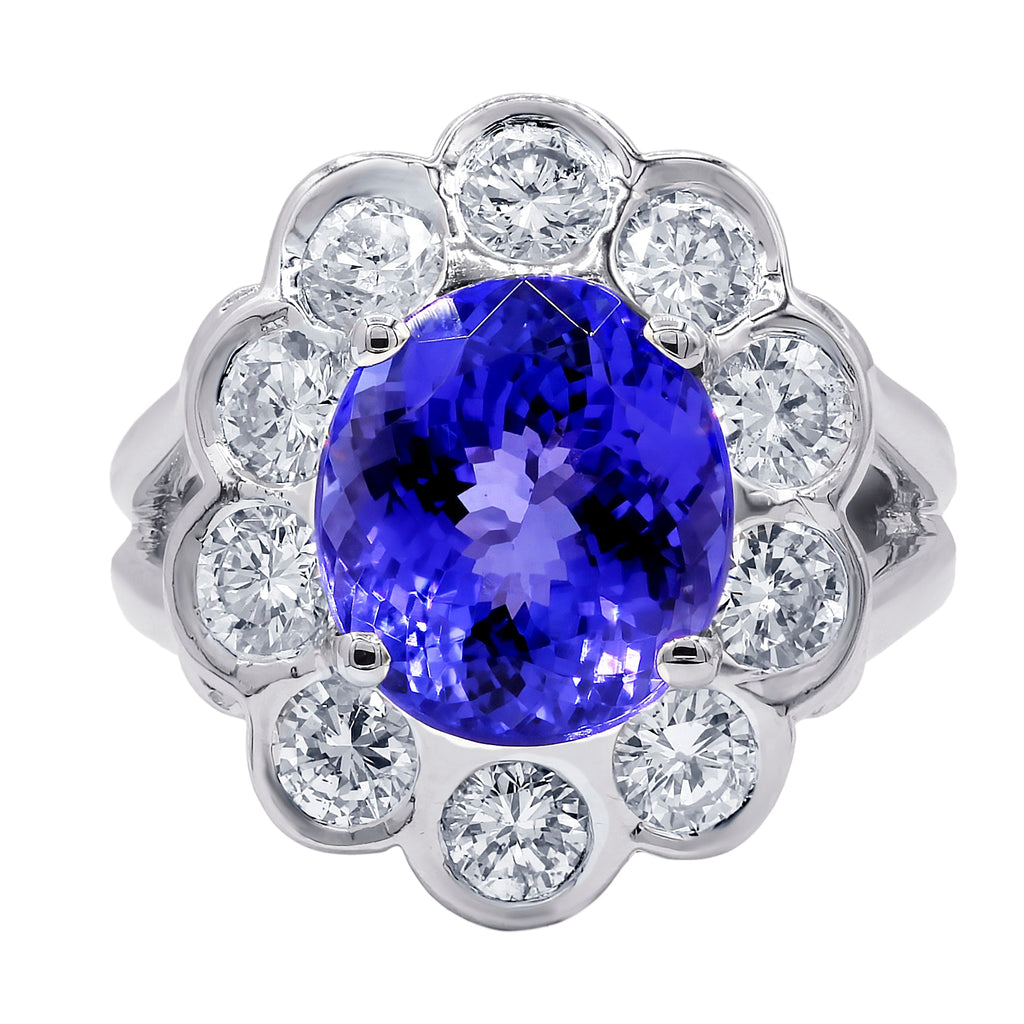 18kt White Gold Tanzanite Flower Diamond Halo Ring