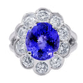 18kt White Gold Tanzanite Flower Diamond Halo Ring