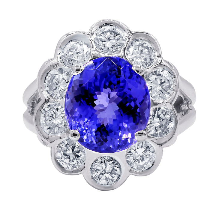 18kt White Gold Tanzanite Flower Diamond Halo Ring