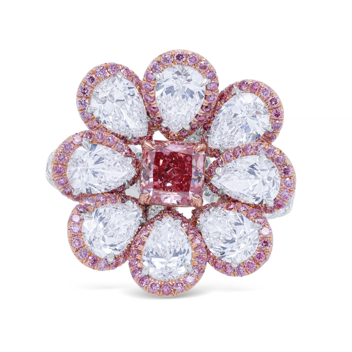 18kt Yellow Gold Fancy Vivid Pink Flower Diamonds Ring