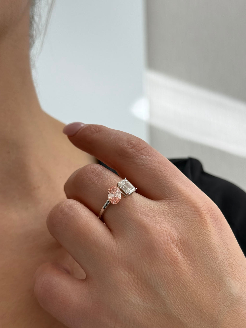 Lab-Grown Pink Oval & Emerald Diamond Fashion Ring