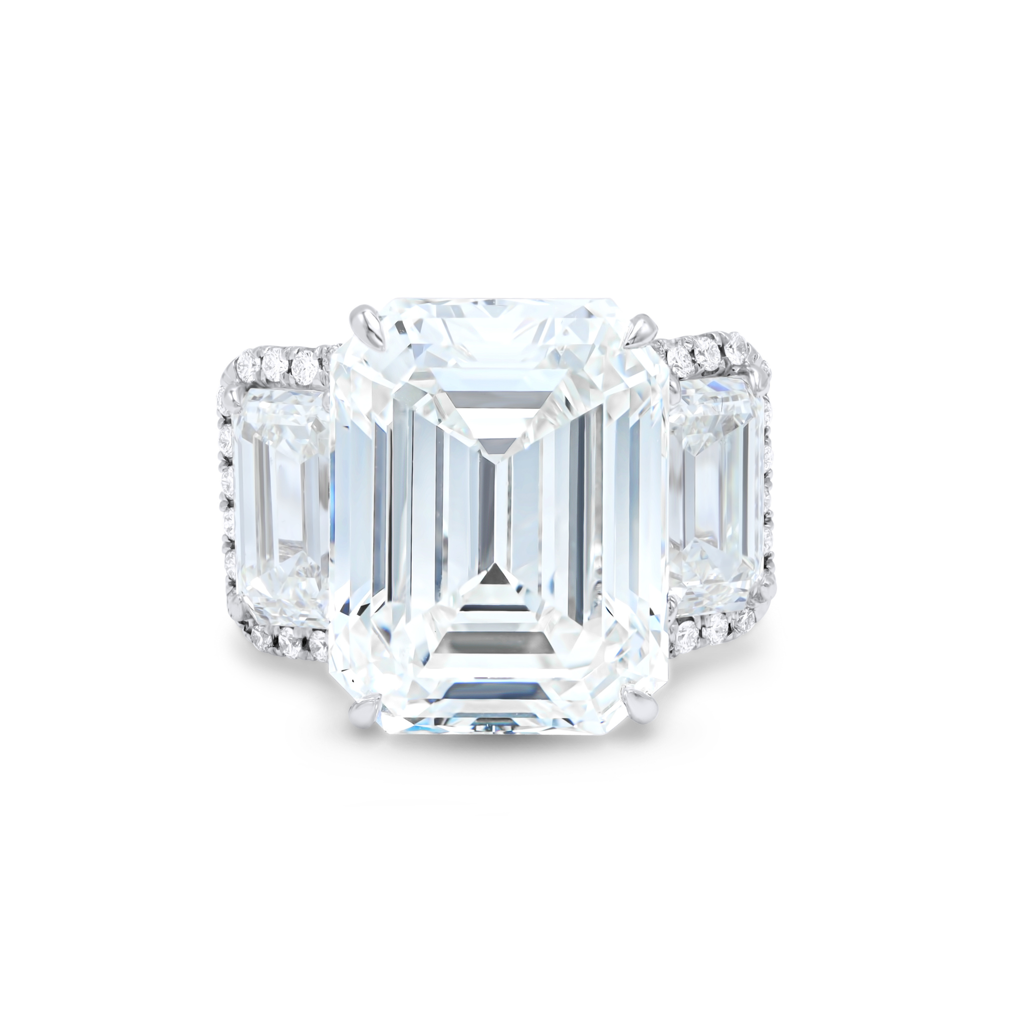 Three-Stone Halo Emerald Cut Diamond Ring, Platinum