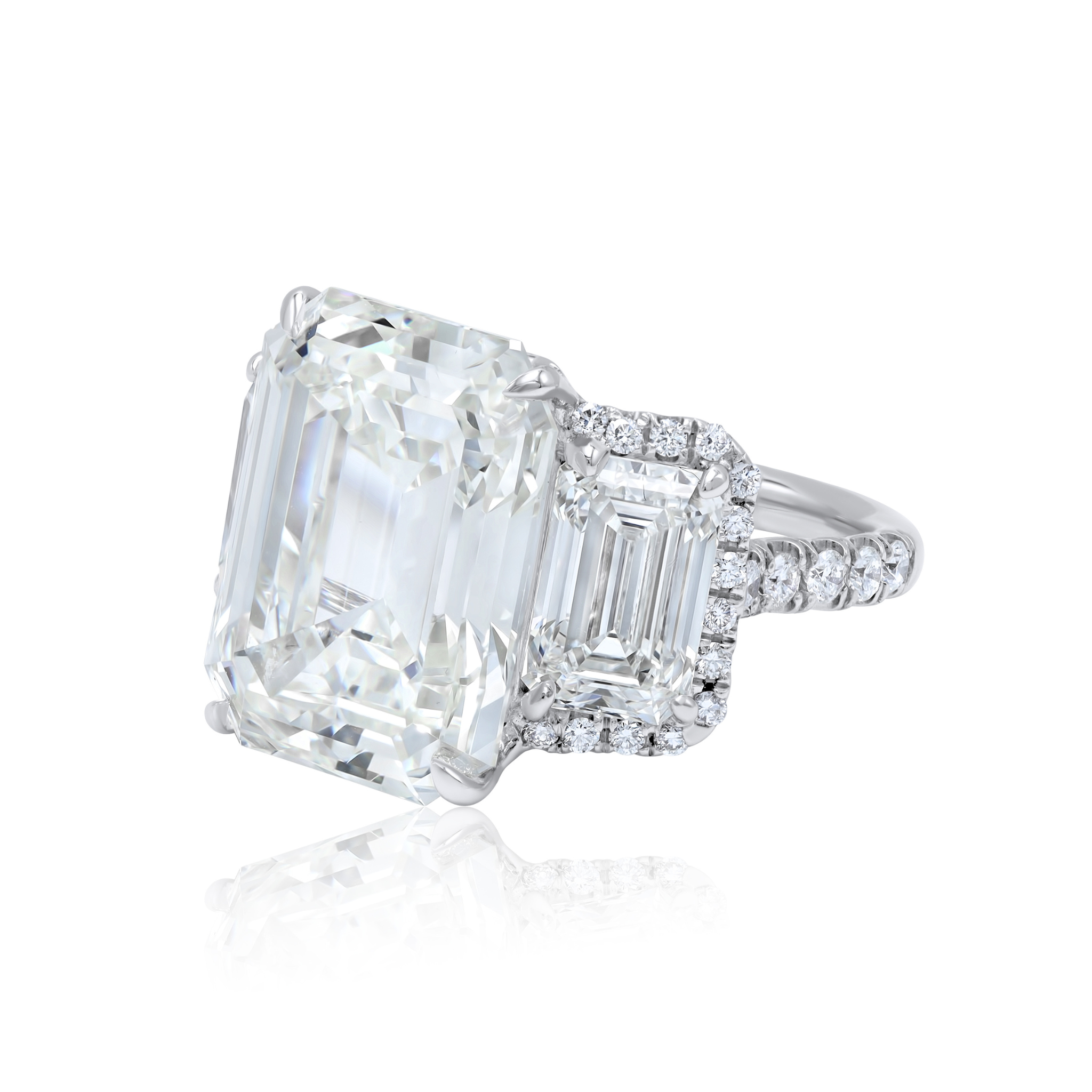 Three-Stone Halo Emerald Cut Diamond Ring, Platinum