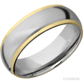 7 mm wide/Domed Stepped Down Edges/14K White Gold band with two 1 mm Edge inlays of 14K Yellow Gold.