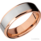 7 mm wide/Beveled/14K Rose Gold band with one 5 mm Centered inlay of 14K White Gold.