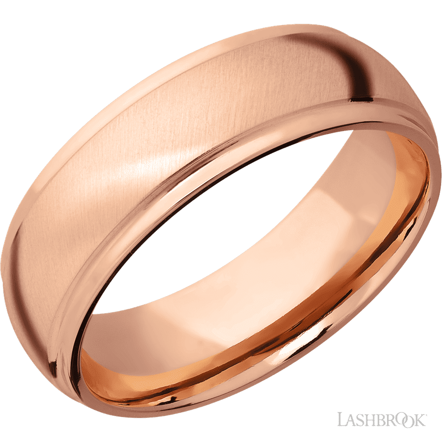 7 mm wide Domed Stepped Down Edges 14K Rose Gold band.