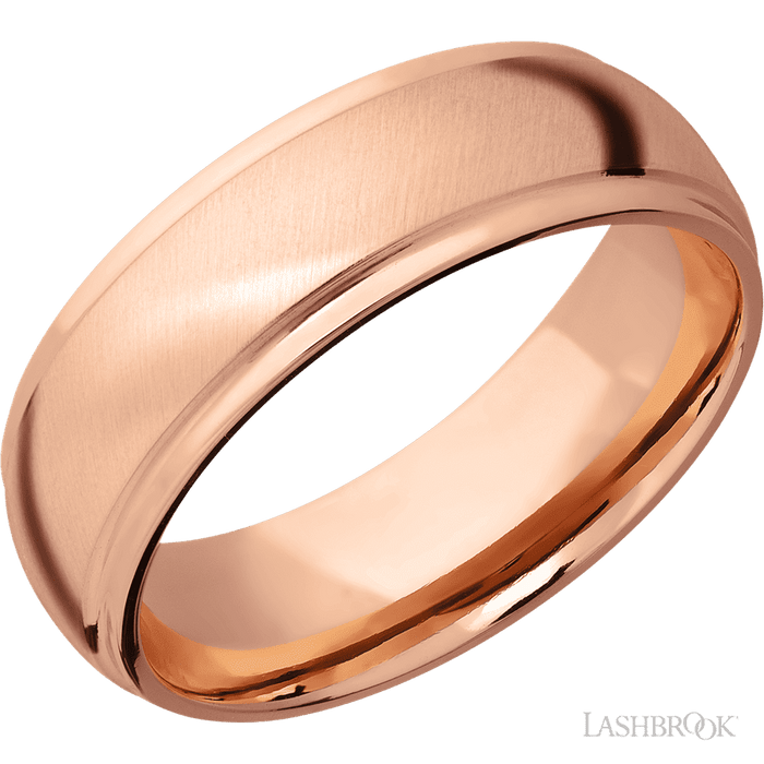 7 mm wide Domed Stepped Down Edges 14K Rose Gold band.