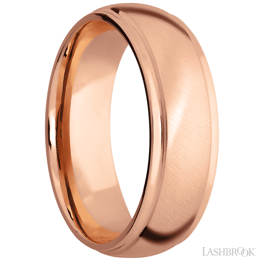 7 mm wide Domed Stepped Down Edges 14K Rose Gold band.