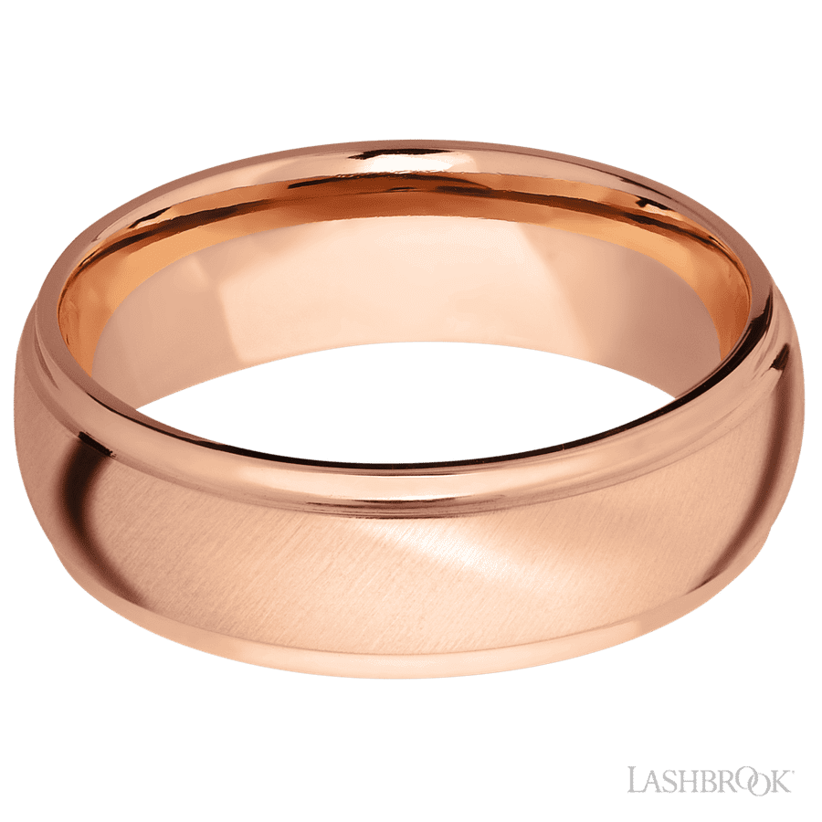 7 mm wide Domed Stepped Down Edges 14K Rose Gold band.