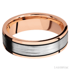 7 mm wide/Flat/14K Rose Gold band with one 4 mm Centered inlay of 14K White Gold.