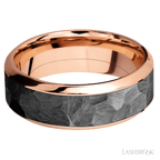 8 mm wide/High Bevel/14K Rose Gold band with one 5 mm Centered inlay of Zirconium.