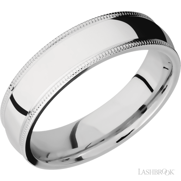 6 mm wide Domed Milgrain Edges 14K White Gold band.