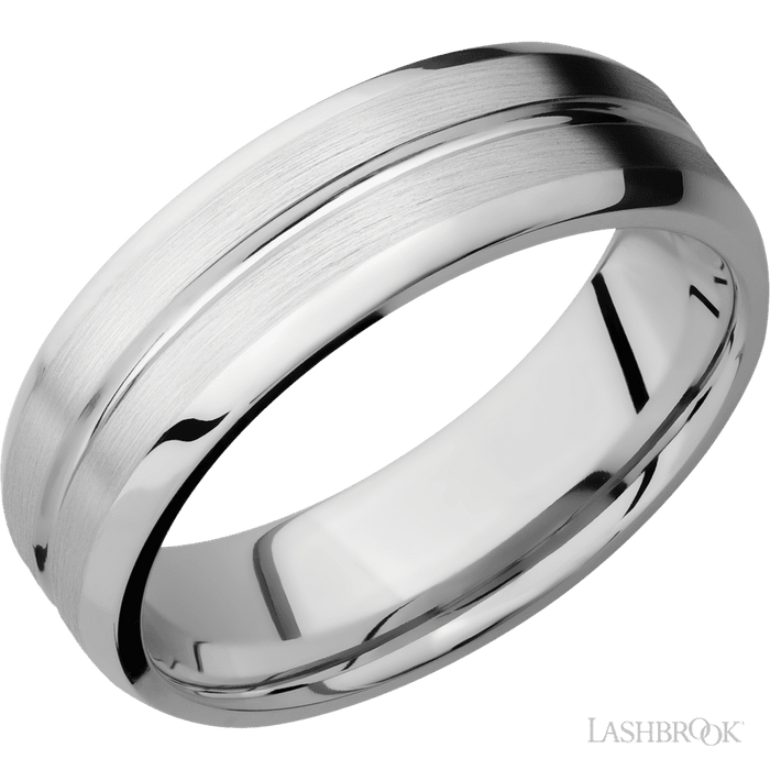 7 mm wide Beveled with Center Accent Groove 14K White Gold band.