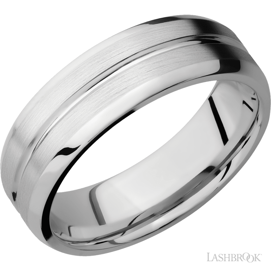 7 mm wide Beveled with Center Accent Groove 14K White Gold band.