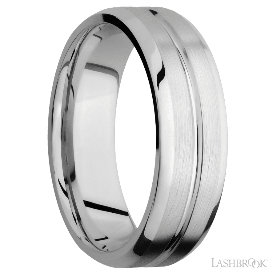 7 mm wide Beveled with Center Accent Groove 14K White Gold band.