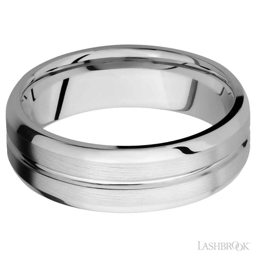 7 mm wide Beveled with Center Accent Groove 14K White Gold band.
