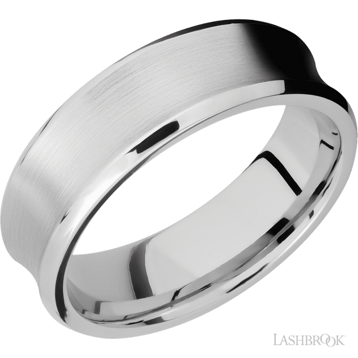 7 mm wide Concave Bevel 14K White Gold band.