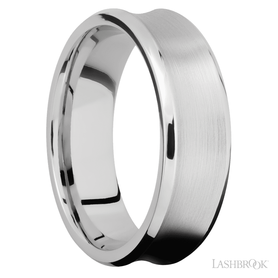 7 mm wide Concave Bevel 14K White Gold band.