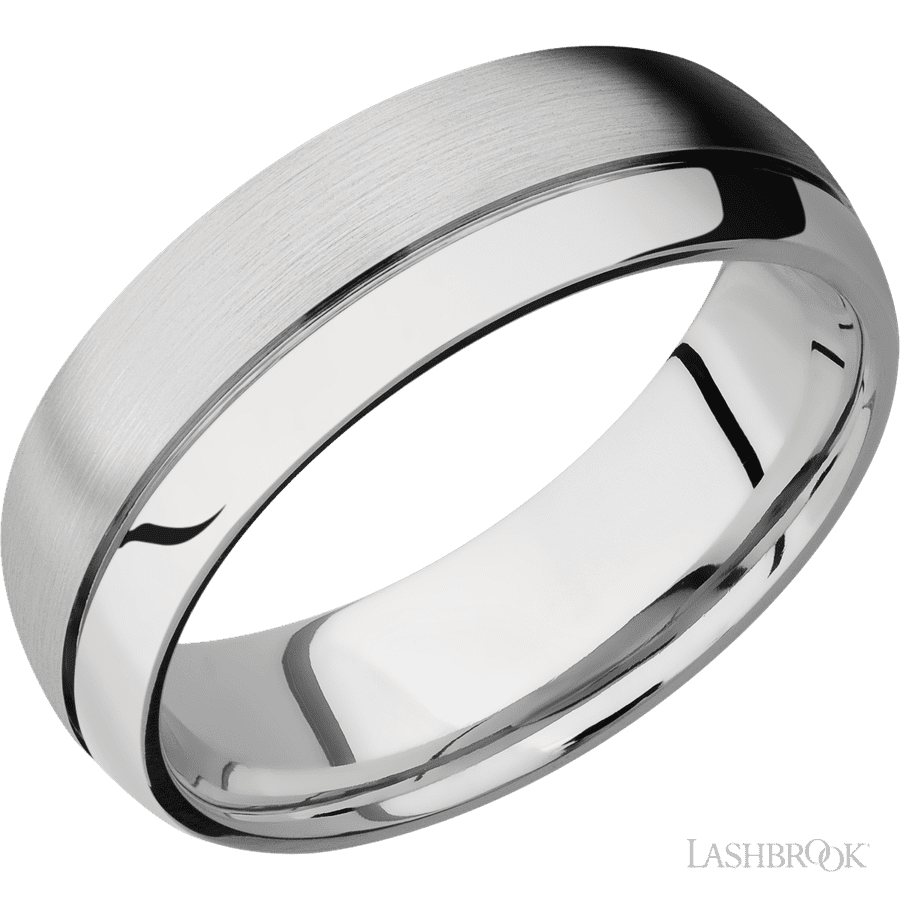 7 mm wide Domed with Off Center Accent Groove 14K White Gold band.