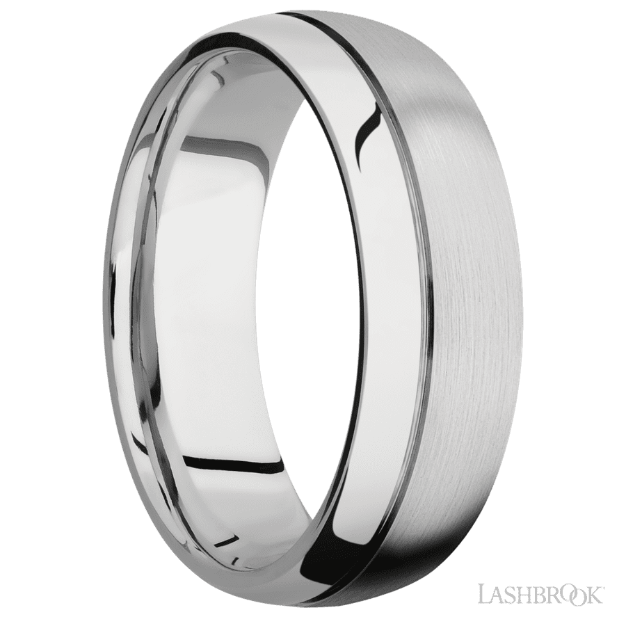 7 mm wide Domed with Off Center Accent Groove 14K White Gold band.