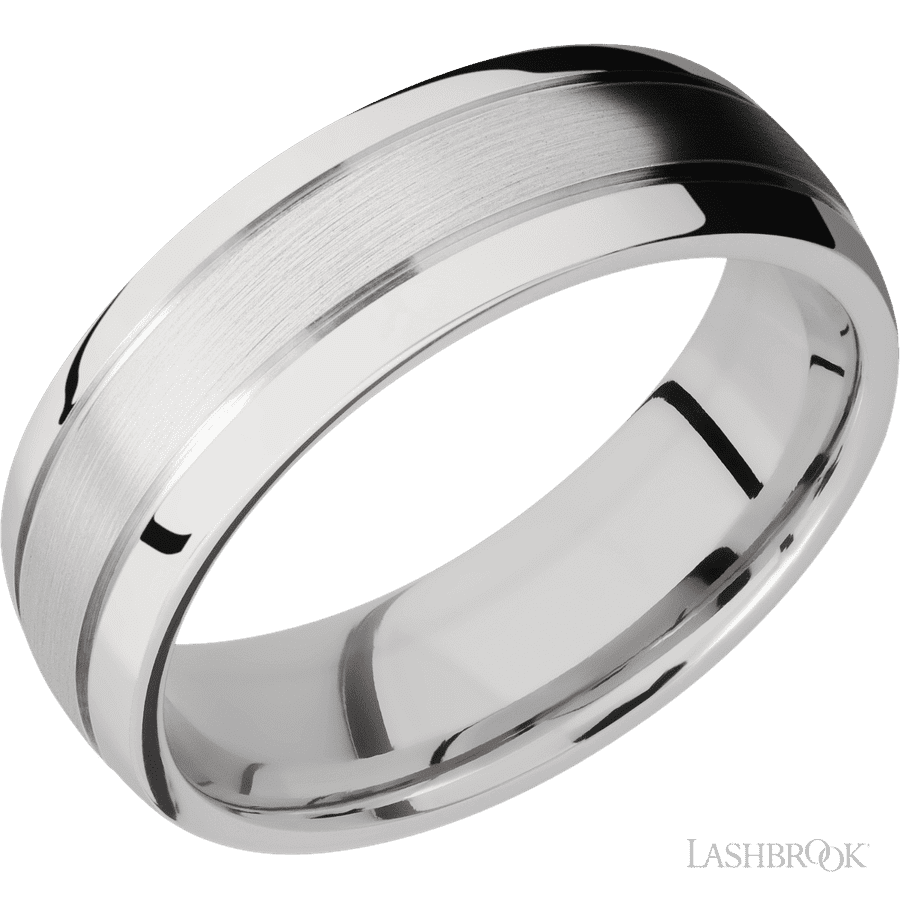 7 mm wide Domed with two accent grooves 14K White Gold band.