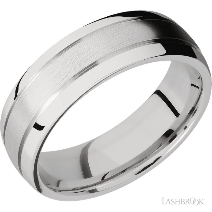 7 mm wide Domed with two accent grooves 14K White Gold band.