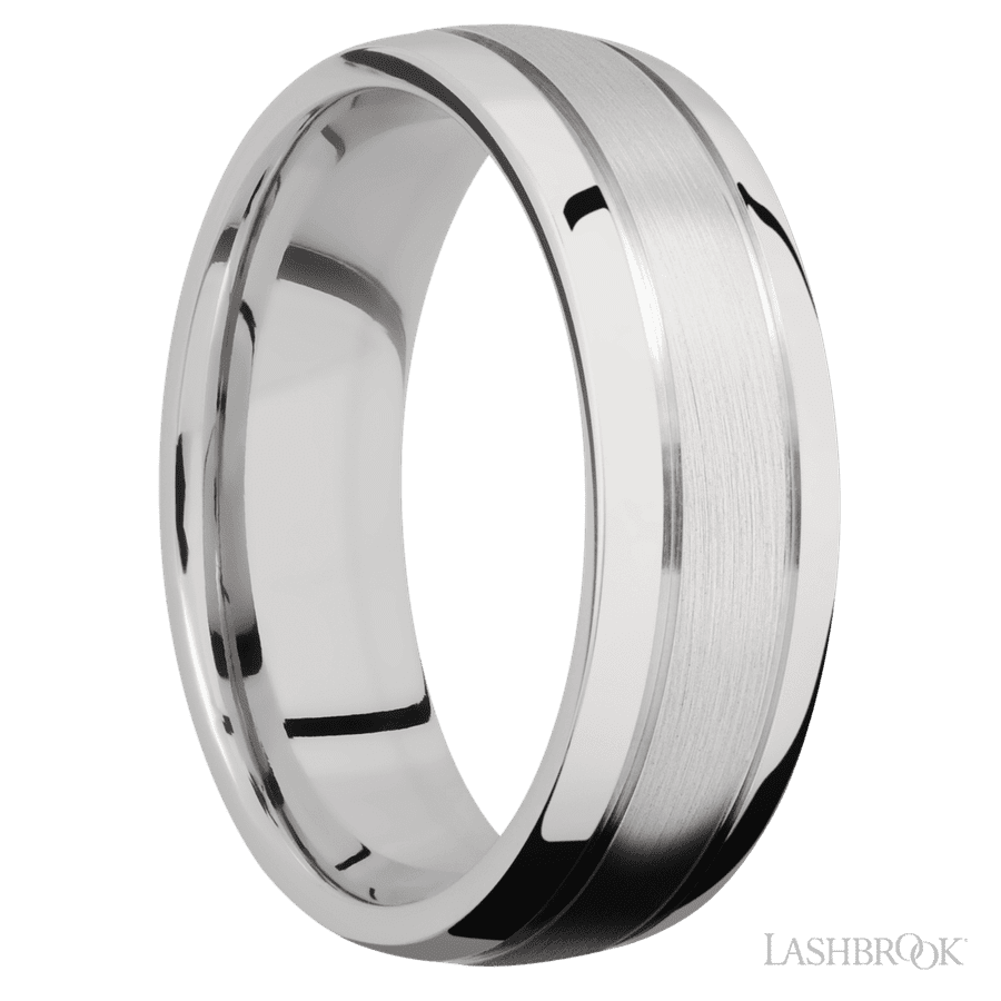 7 mm wide Domed with two accent grooves 14K White Gold band.