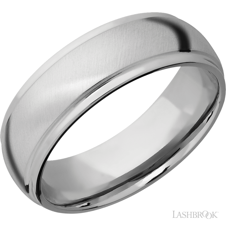 7 mm wide Domed Stepped Down Edges 14K White Gold band.
