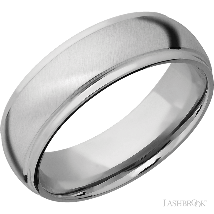 7 mm wide Domed Stepped Down Edges 14K White Gold band.