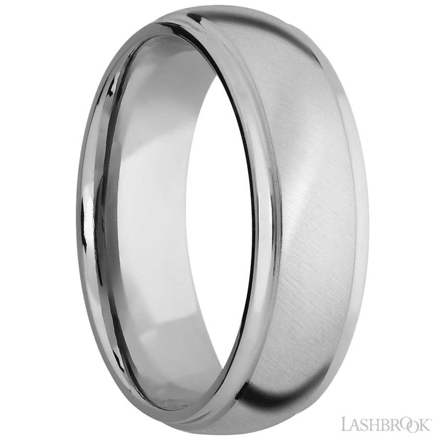7 mm wide Domed Stepped Down Edges 14K White Gold band.