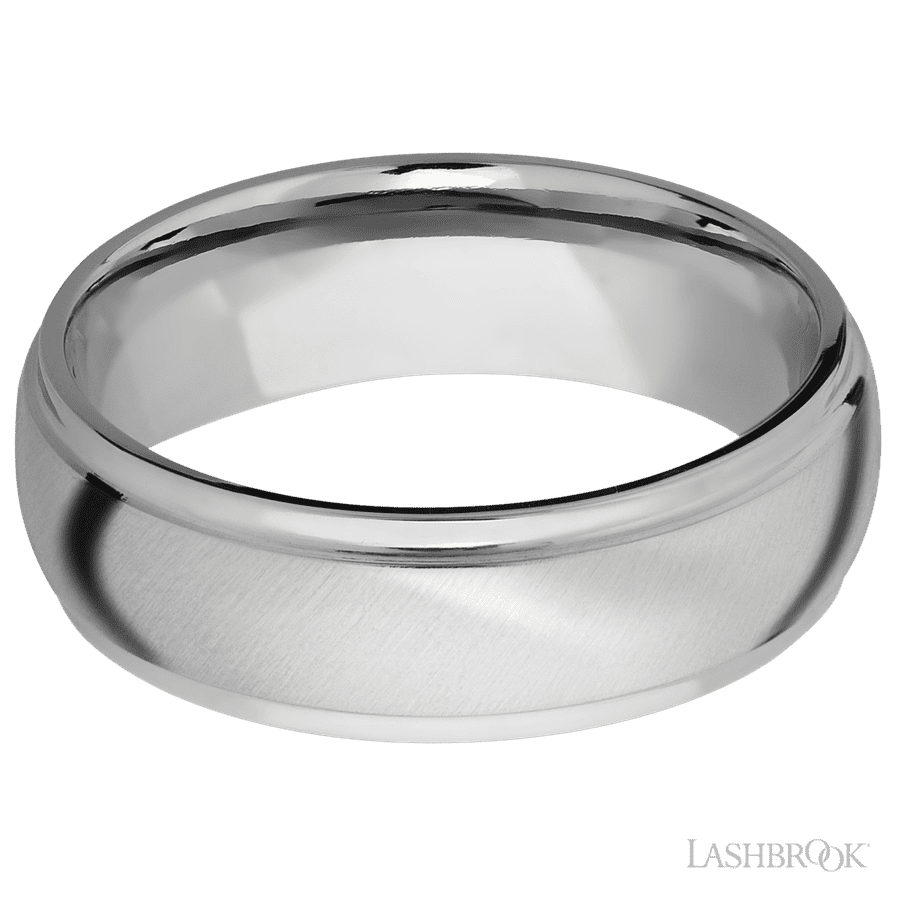 7 mm wide Domed Stepped Down Edges 14K White Gold band.