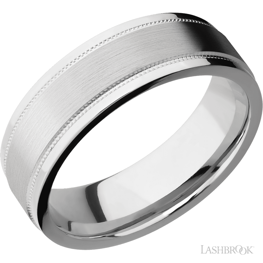 7 mm wide Flat Stepped Edges Milgrain 14K White Gold band.