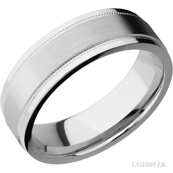 7 mm wide Flat Stepped Edges Milgrain 14K White Gold band.