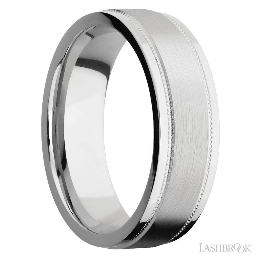 7 mm wide Flat Stepped Edges Milgrain 14K White Gold band.