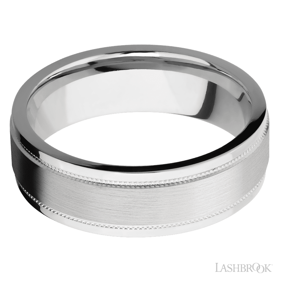7 mm wide Flat Stepped Edges Milgrain 14K White Gold band.